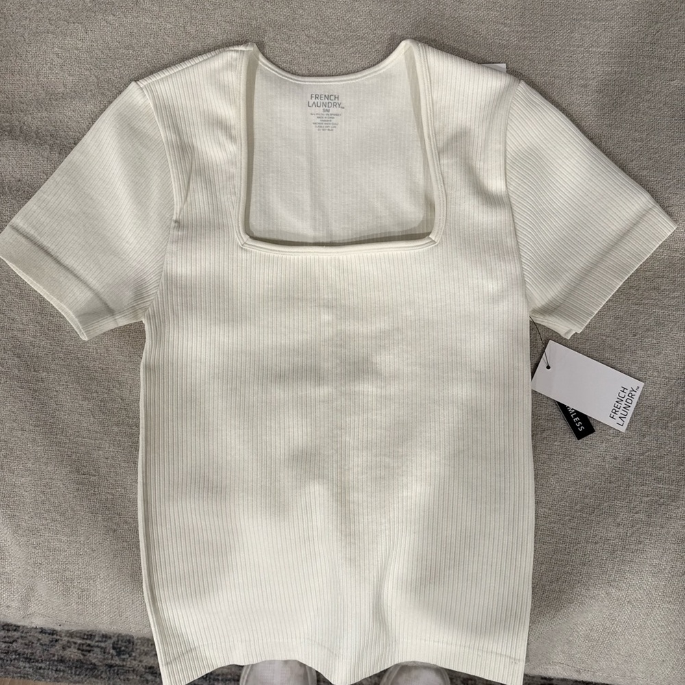 French Connection Ivory Ribbed Short Sleeve Top